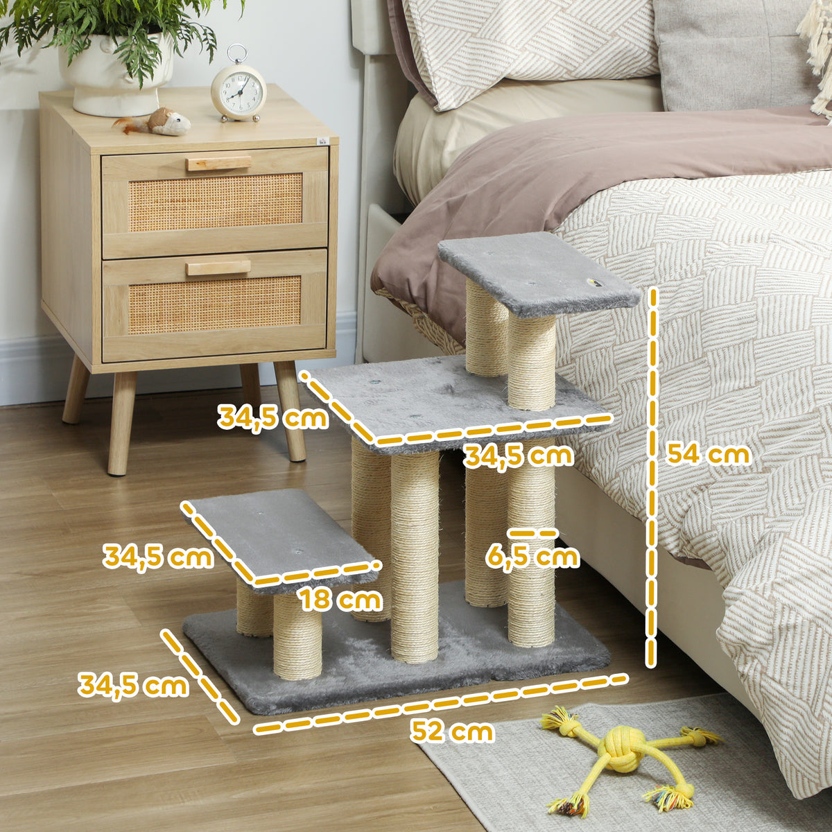 Escalier pour animaux domestiques réglable 3 marches échelle pour chat chien griffoirs en sisal balle 52x34,5x54cm gris