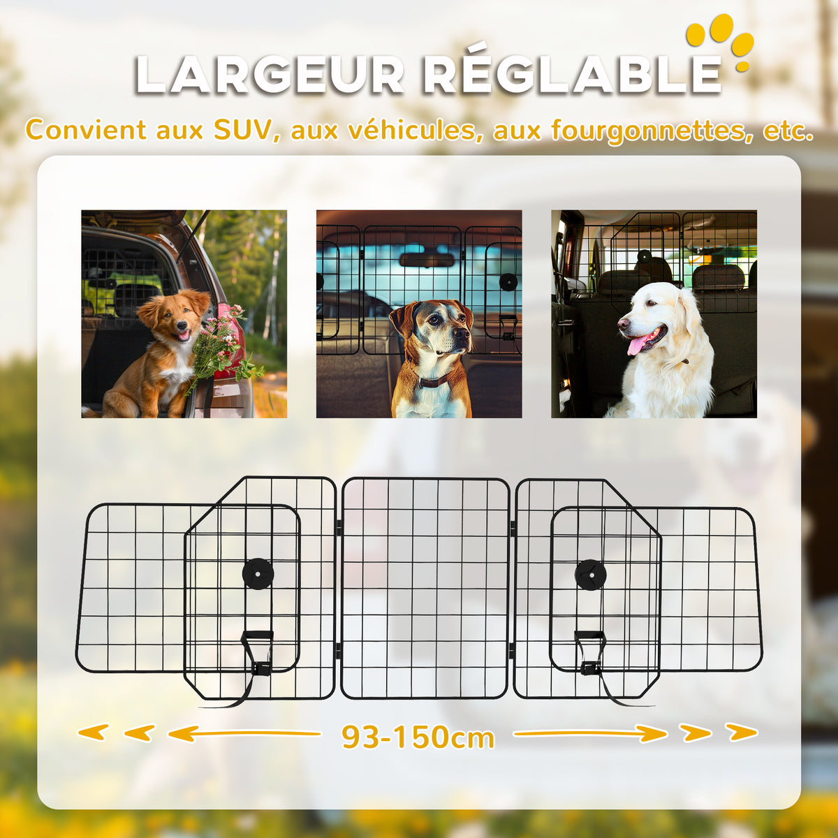 Grille de séparation voiture pour chien pliable largeur ajustable 93 à 150 cm barrière pour chien universelle, noir