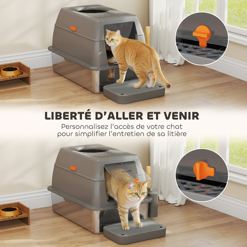 Bac à litière fermé maison de toilette pour chat acier inoxydable couvercle marche anti-dispersion 60x40x38cm gris foncé