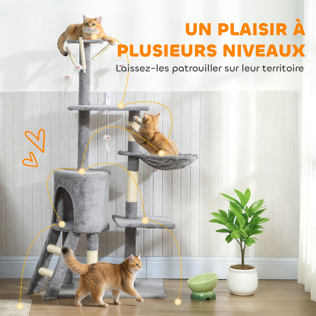 Arbre à Chat Tour de Jeux pour Chats Stable Multi-Niveaux avec Niche 3 Plate-Formes Hamac 60x35x134cm Gris