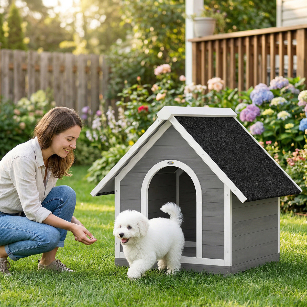 Niche pour Chien Extérieur Maison pour Chien Corps Entièrement Ouvrant pour Nettoyage Facile 84x101x86 cm Gris et Blanc