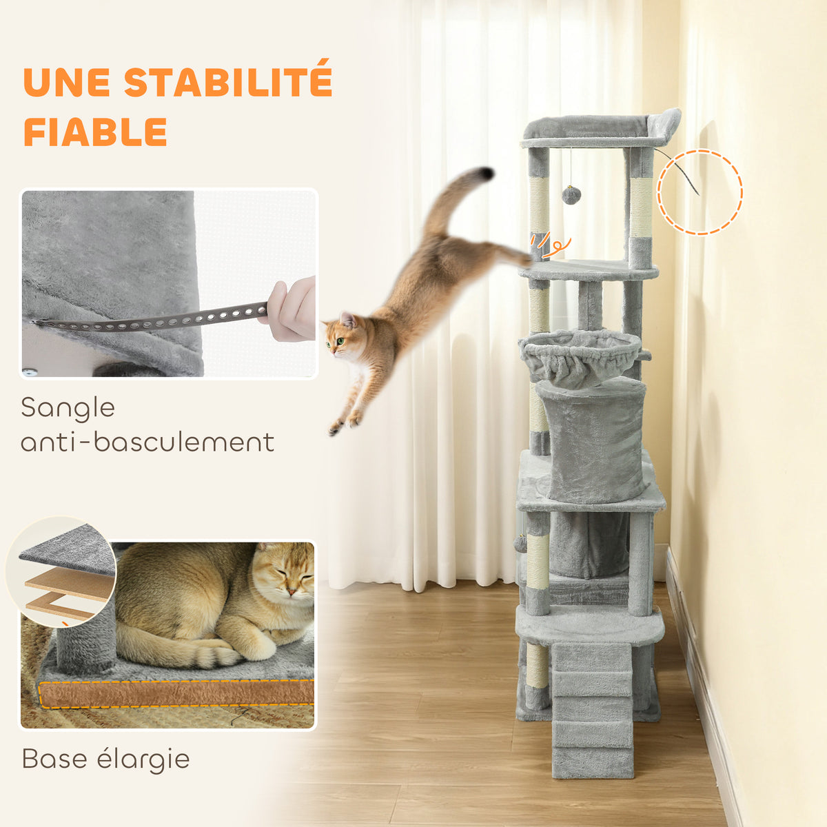 Arbre à chat tour de jeux 7 poteaux à griffer 3 platesformes 2 niches tunnel hamac et 2 pompons 170 cm gris foncé