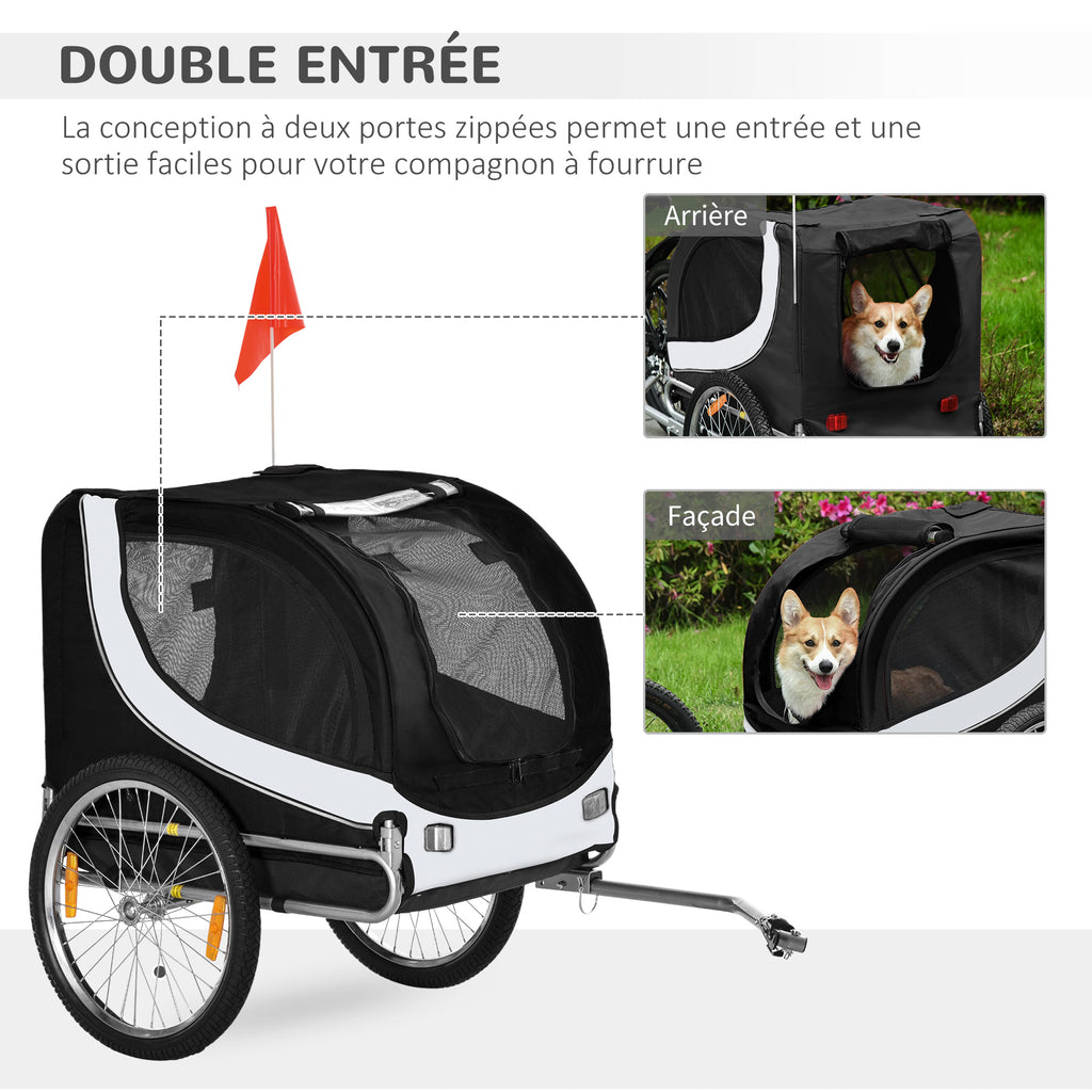 Remorque velo pour chien animaux avec drapeau et 8 reflecteurs blanc et noir