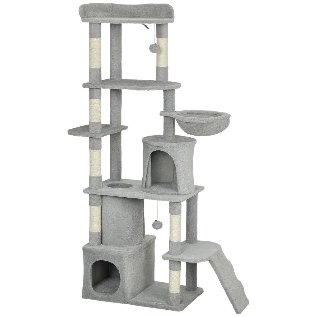 Arbre à chat tour de jeux 7 poteaux à griffer 3 platesformes 2 niches tunnel hamac et 2 pompons 170 cm gris foncé