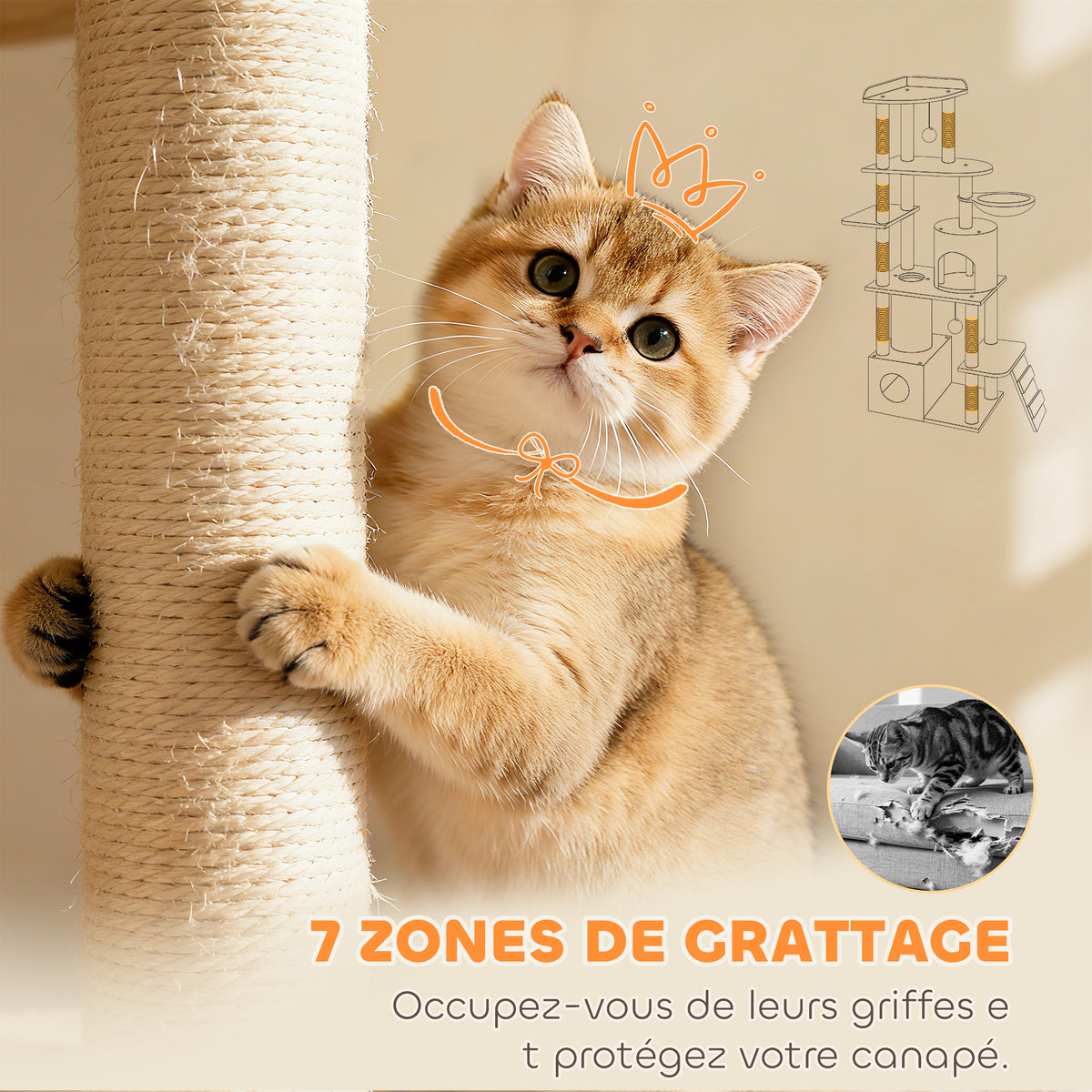 Arbre à chat tour de jeux 7 poteaux à griffer 3 platesformes 2 niches tunnel hamac et 2 pompons 170 cm gris foncé