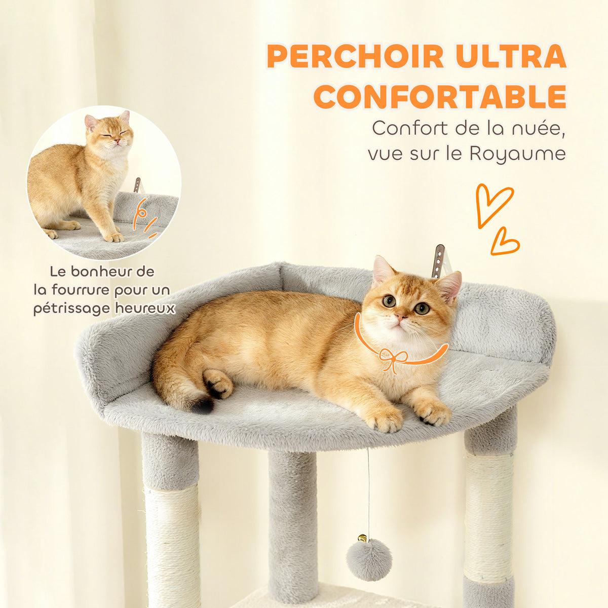 Arbre à chat tour de jeux 7 poteaux à griffer 3 platesformes 2 niches tunnel hamac et 2 pompons 170 cm gris foncé