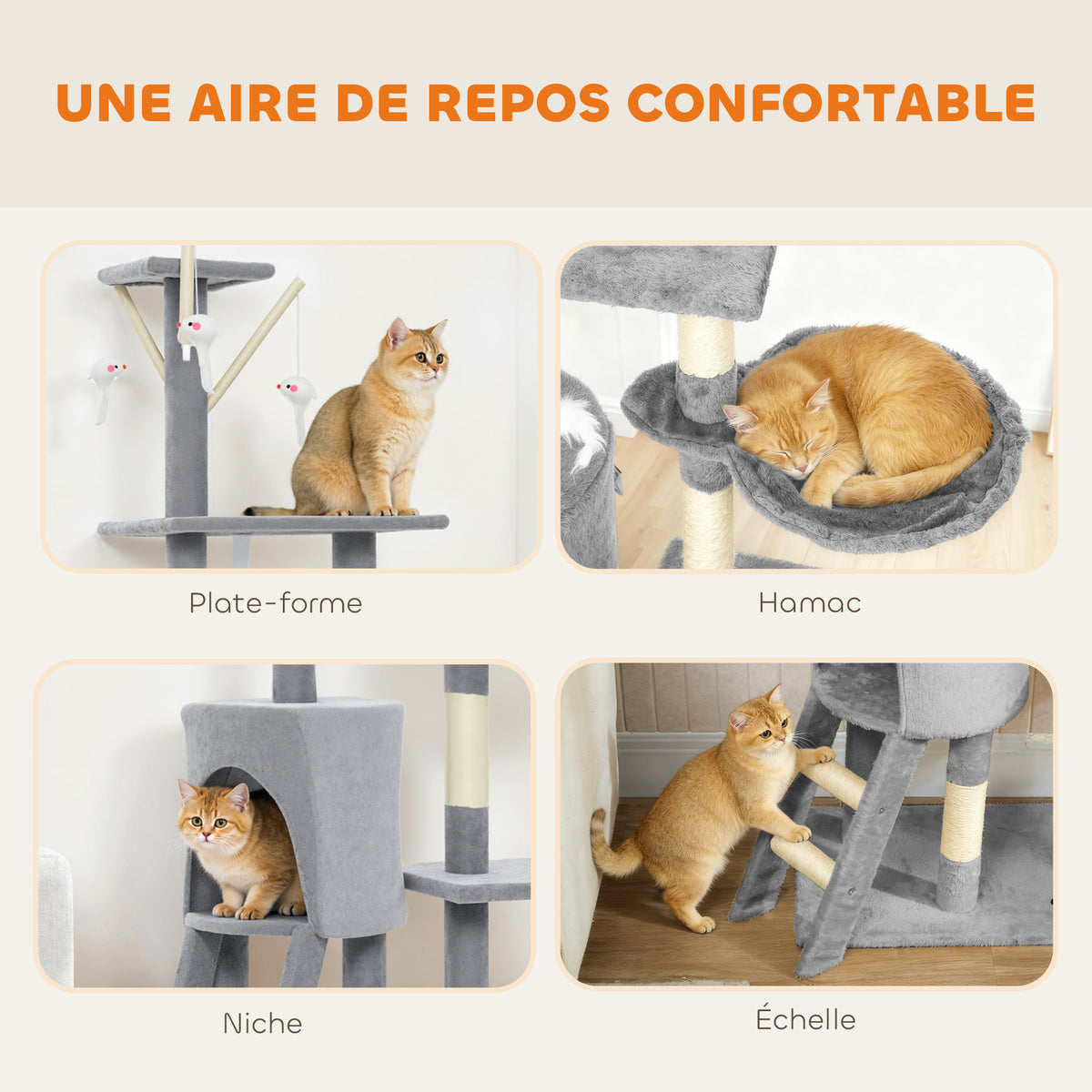 Arbre à Chat Tour de Jeux pour Chats Stable Multi-Niveaux avec Niche 3 Plate-Formes Hamac 60x35x134cm Gris