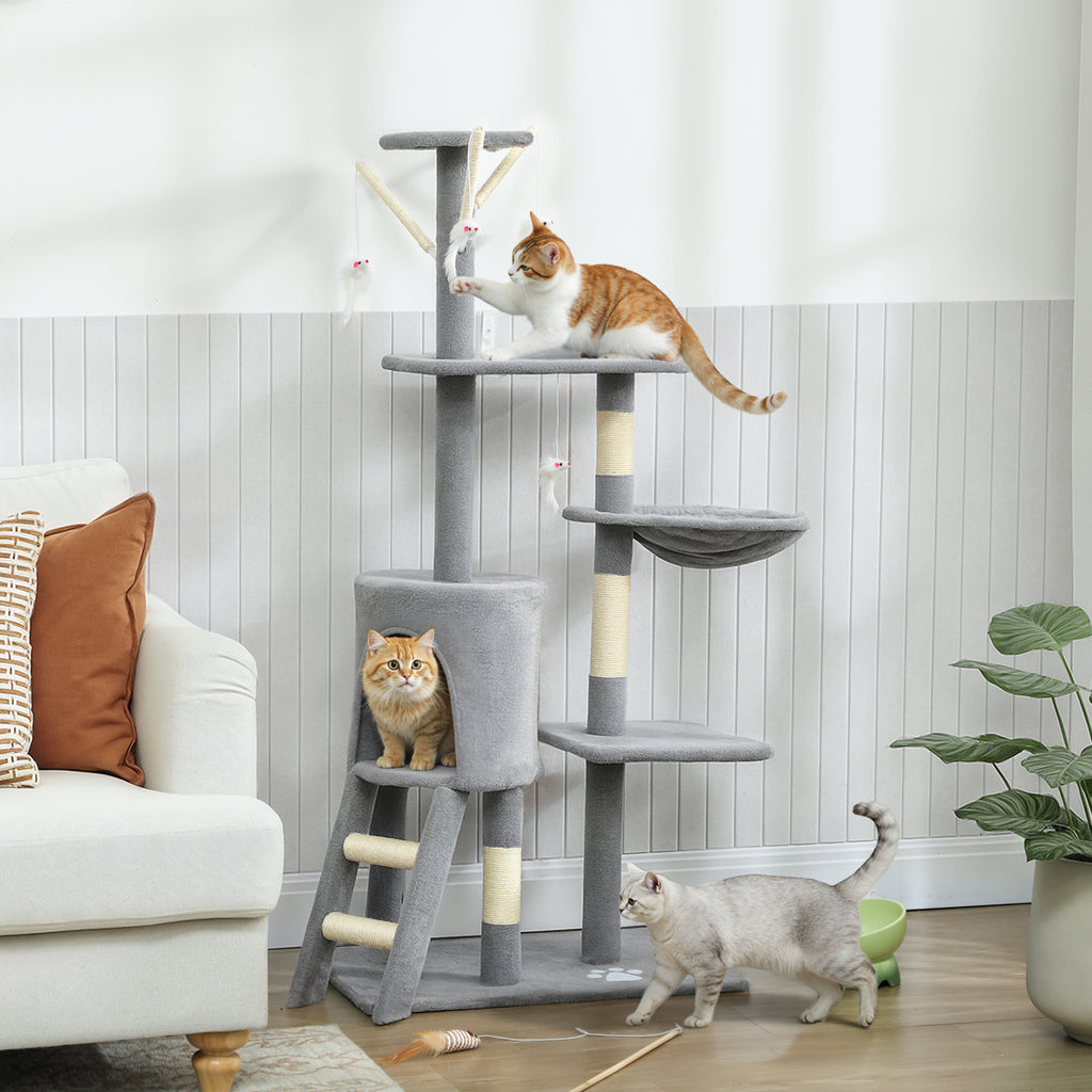 Arbre à Chat Tour de Jeux pour Chats Stable Multi-Niveaux avec Niche 3 Plate-Formes Hamac 60x35x134cm Gris