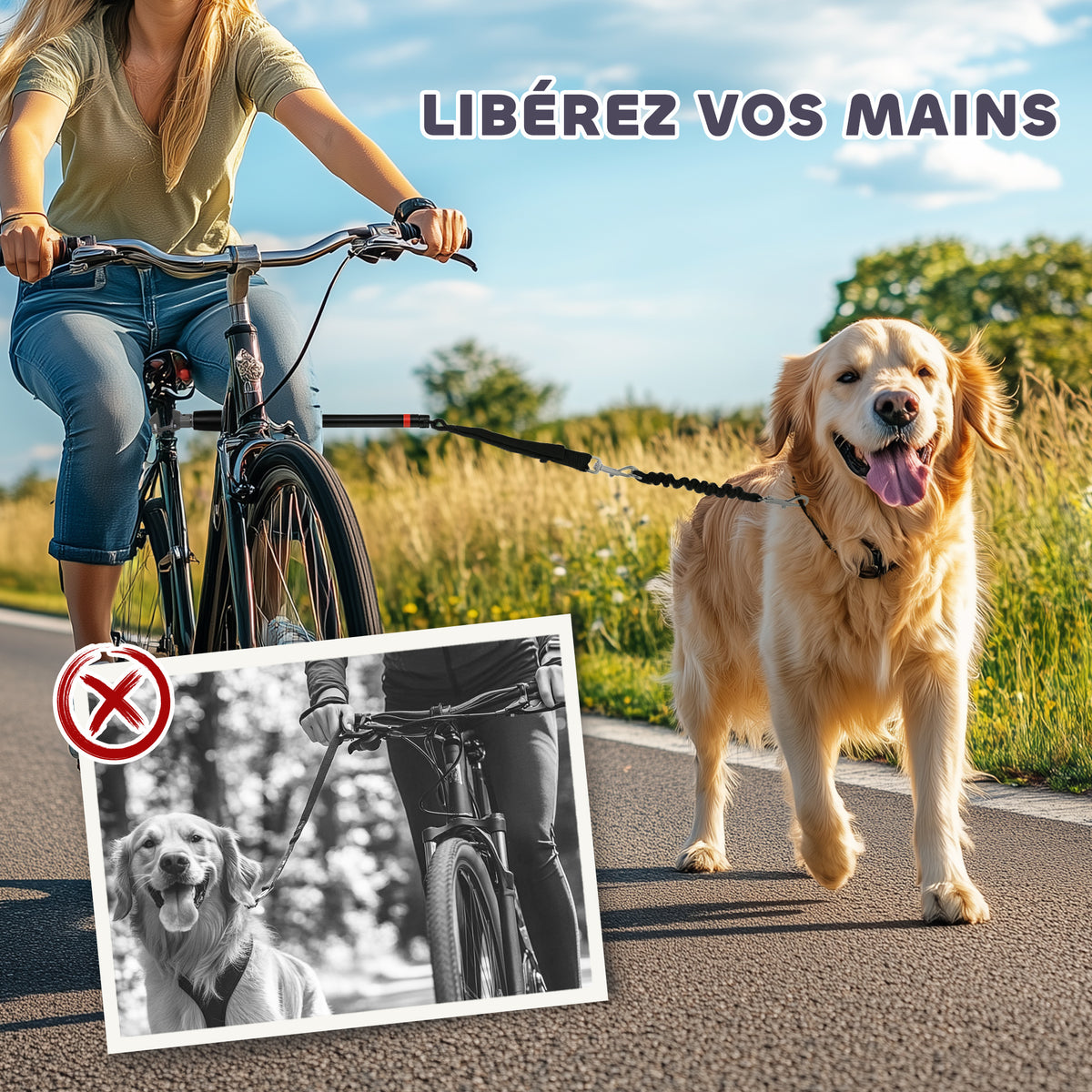 Laisse pour chien pour vélo 124 cm, laisse d'exercice chien, facile à installer et amovible, acier et polyester, noir