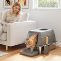 Bac à litière fermé maison de toilette pour chat acier inoxydable couvercle marche anti-dispersion 60x40x38cm gris foncé