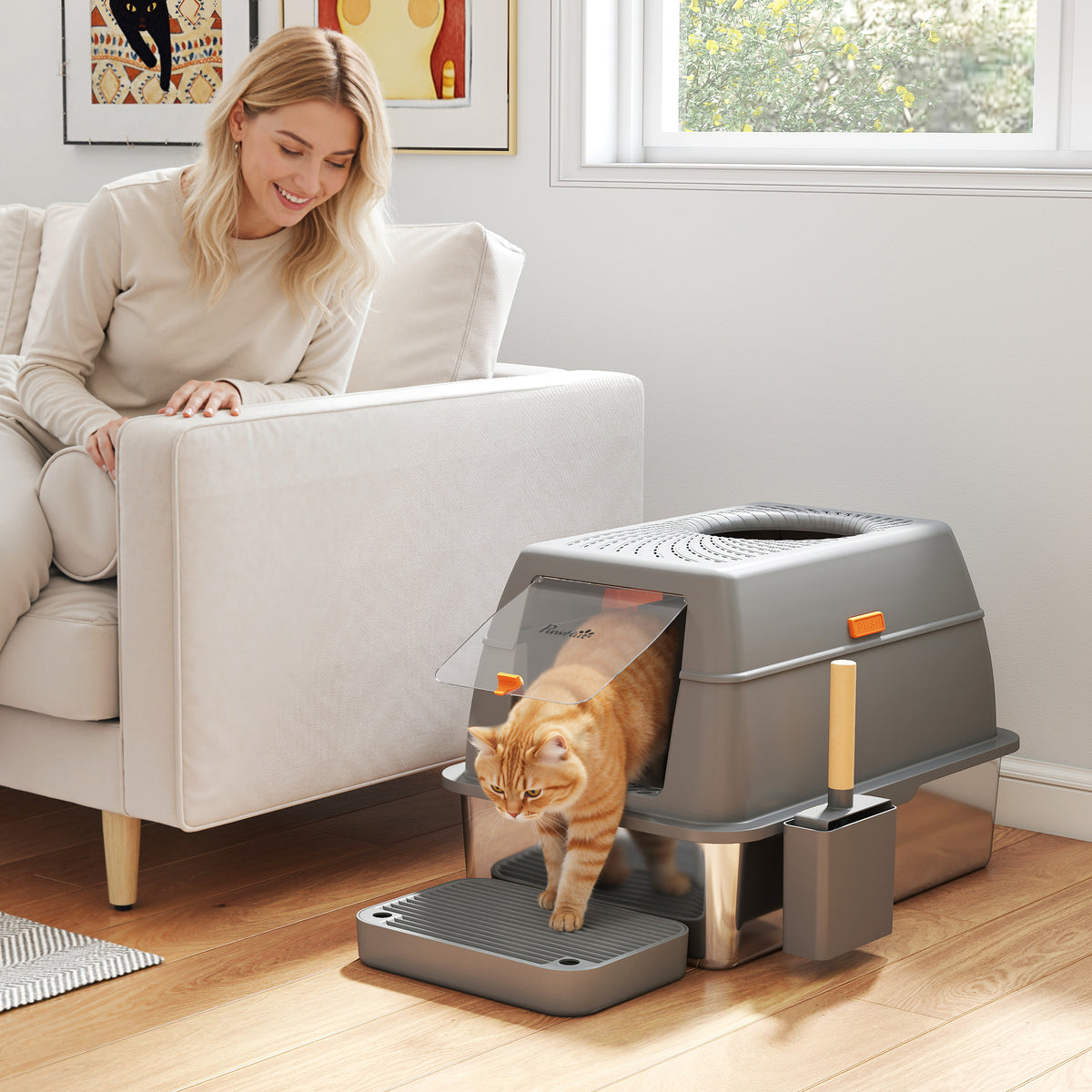 Bac à litière fermé maison de toilette pour chat acier inoxydable couvercle marche anti-dispersion 60x40x38cm gris foncé