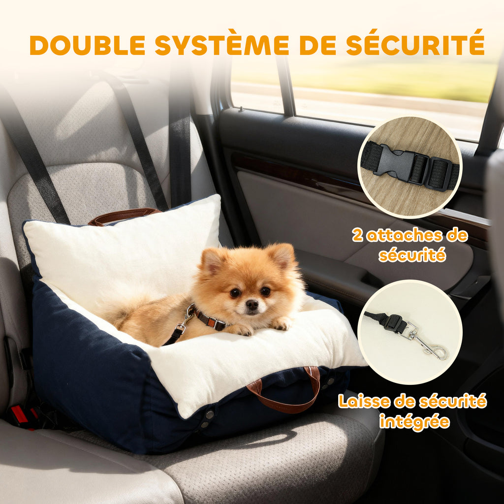 Siège auto pour chien avec ceinture de sécurité et fixation siège de voiture pour chien rembourré 49x53x36cm bleu marine