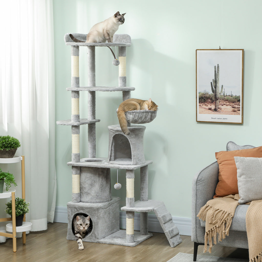 Arbre à chat tour de jeux 7 poteaux à griffer 3 platesformes 2 niches tunnel hamac et 2 pompons 170 cm gris foncé