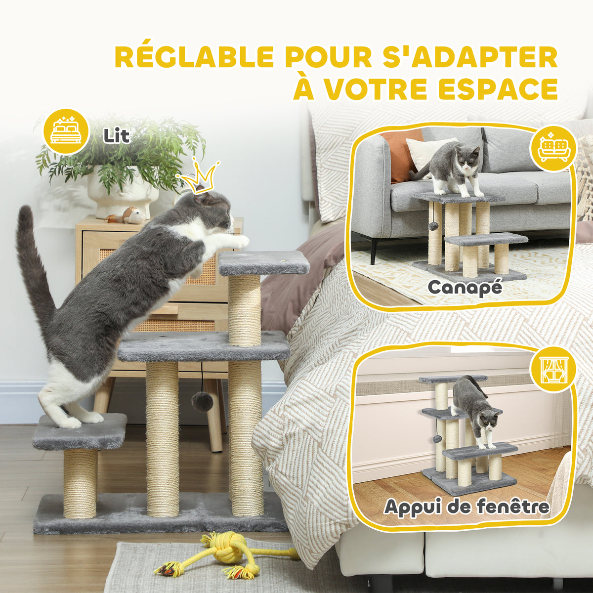 Escalier pour animaux domestiques réglable 3 marches échelle pour chat chien griffoirs en sisal balle 52x34,5x54cm gris