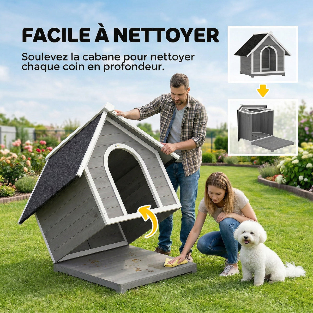 Niche pour Chien Extérieur Maison pour Chien Corps Entièrement Ouvrant pour Nettoyage Facile 84x101x86 cm Gris et Blanc