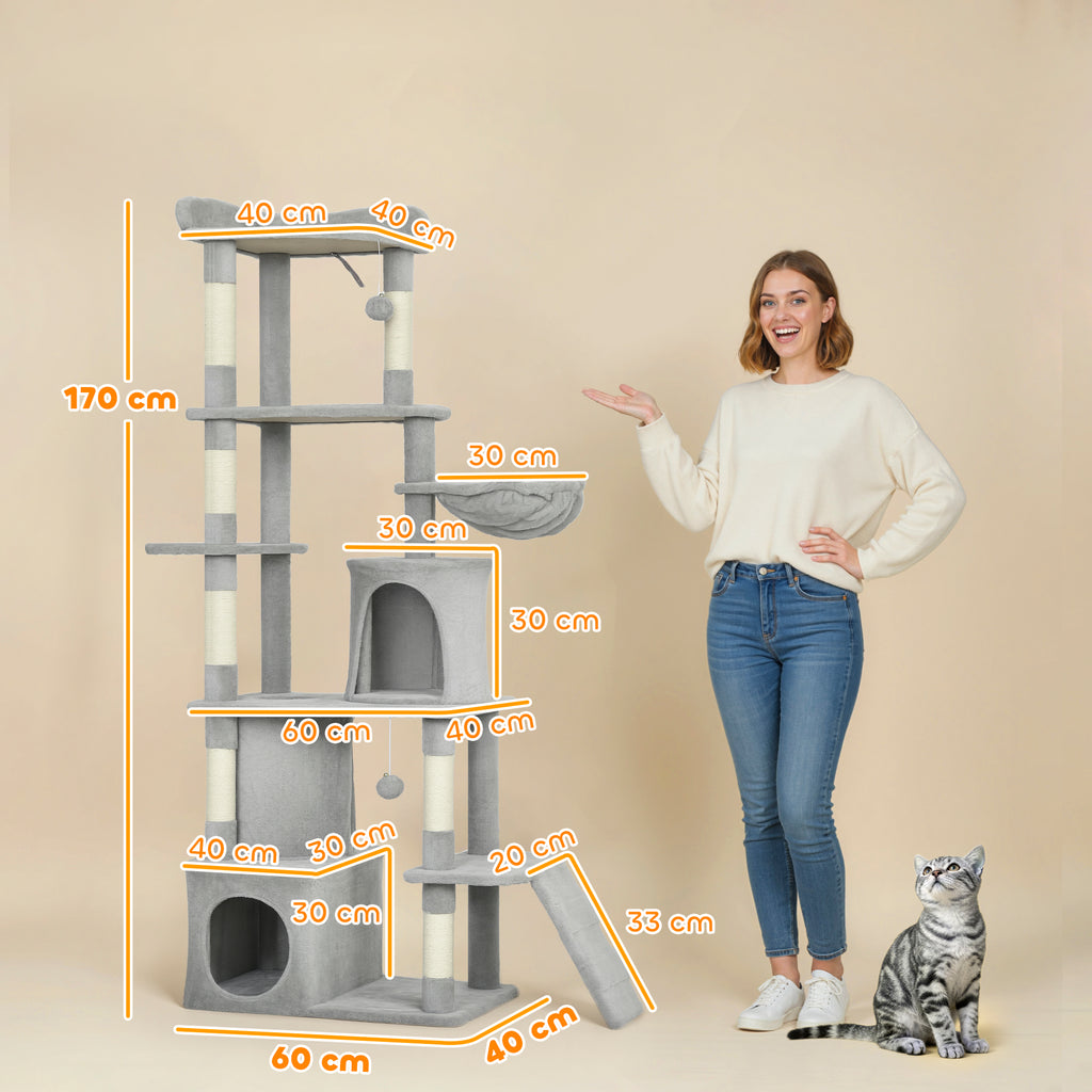 Arbre à chat tour de jeux 7 poteaux à griffer 3 platesformes 2 niches tunnel hamac et 2 pompons 170 cm gris foncé