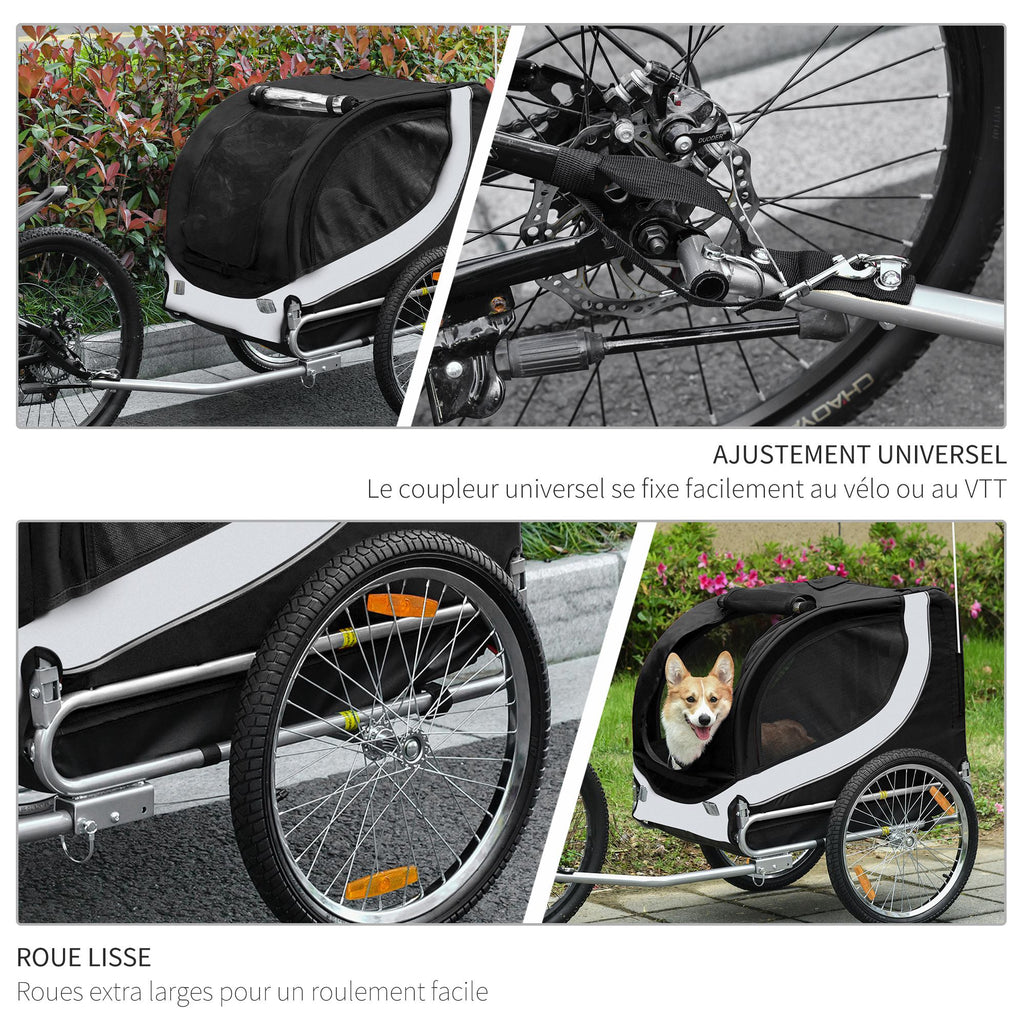 Remorque velo pour chien animaux avec drapeau et 8 reflecteurs blanc et noir