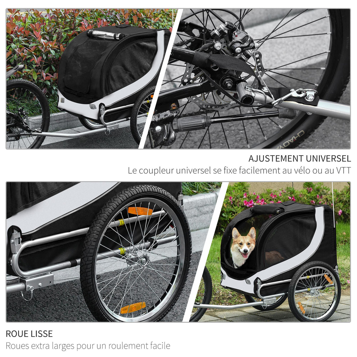 Remorque velo pour chien animaux avec drapeau et 8 reflecteurs blanc et noir