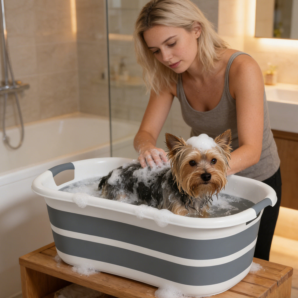 Baignoire pour Chien, Baignoire Pliable et Portable avec Trou de Drainage, pour Petits Chiens et Chiots, Gris