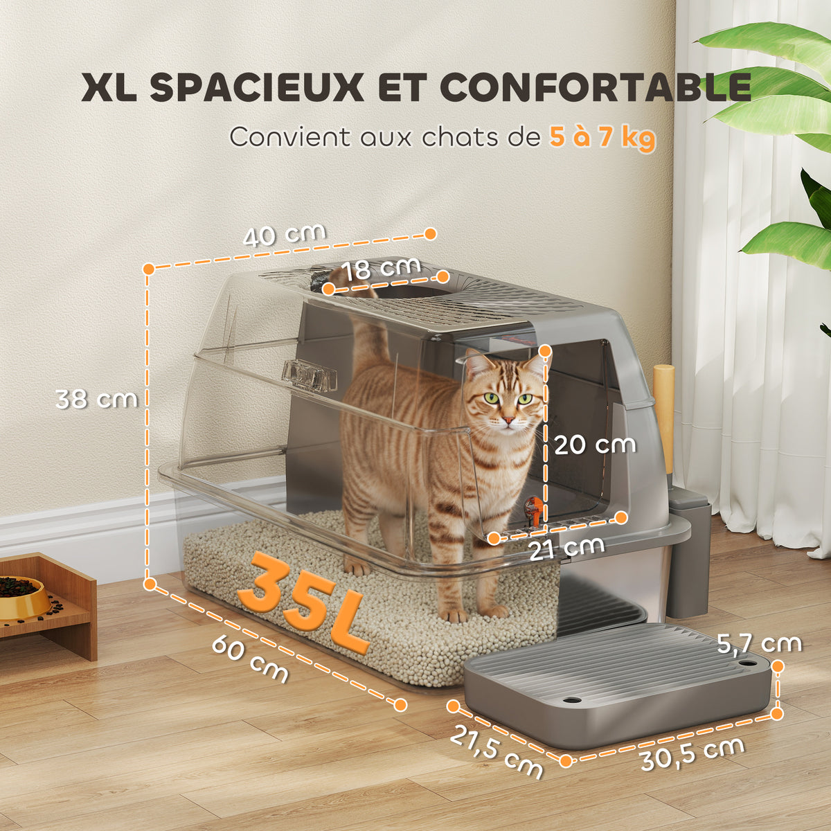 Bac à litière fermé maison de toilette pour chat acier inoxydable couvercle marche anti-dispersion 60x40x38cm gris foncé