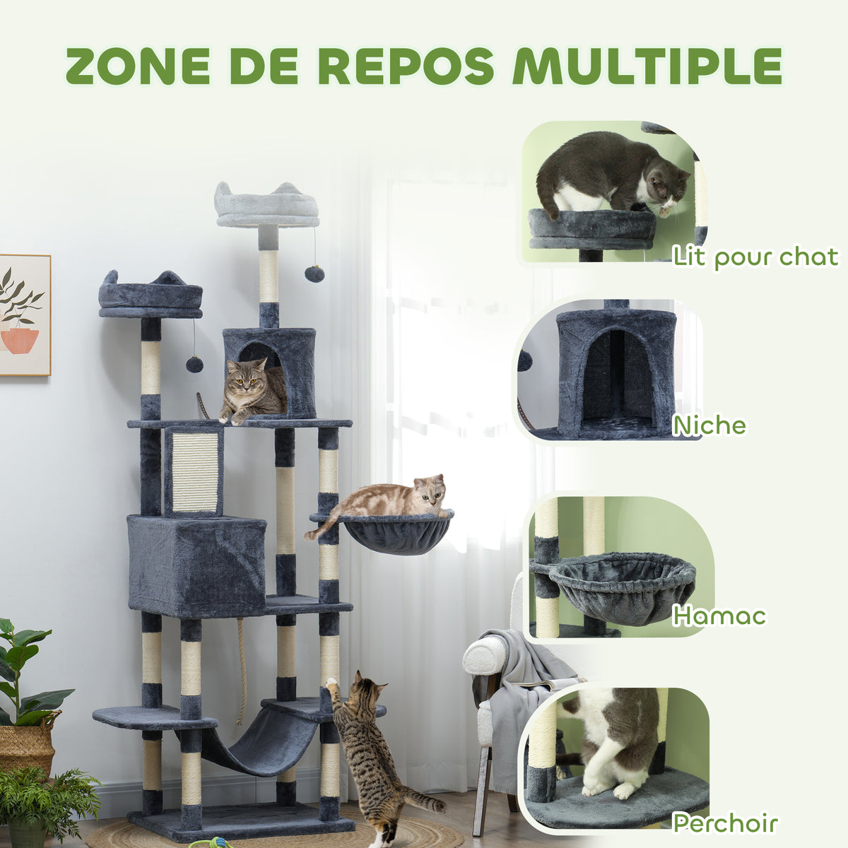 Arbre à chat 206 cm tour de jeux pour chat en peluche plusieurs niveaux idéal pour 1-3 chats 60 x 50 x 206 cm gris foncé