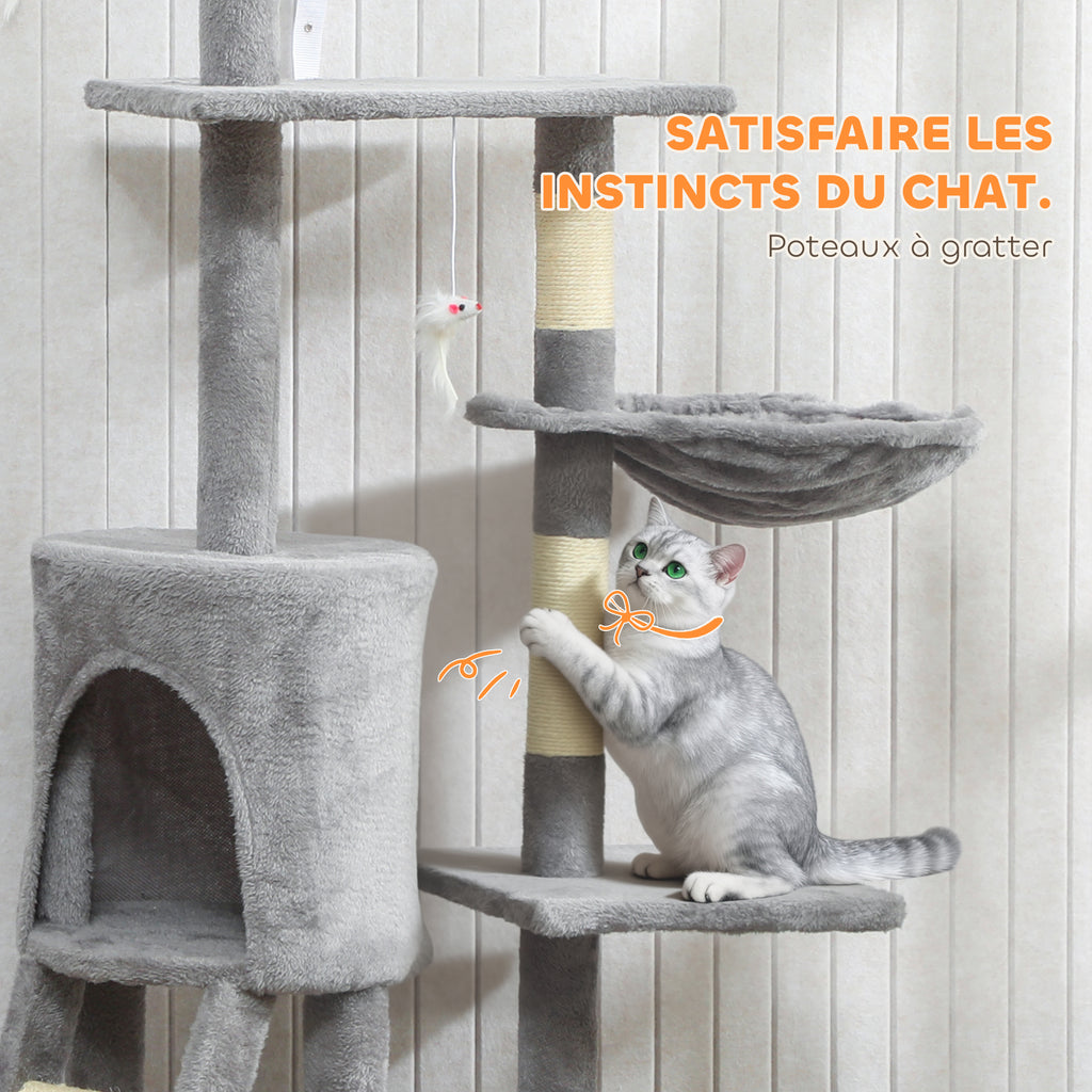 Arbre à Chat Tour de Jeux pour Chats Stable Multi-Niveaux avec Niche 3 Plate-Formes Hamac 60x35x134cm Gris