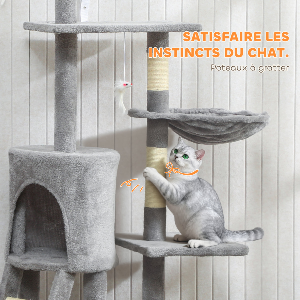 Arbre à Chat Tour de Jeux pour Chats Stable Multi-Niveaux avec Niche 3 Plate-Formes Hamac 60x35x134cm Gris