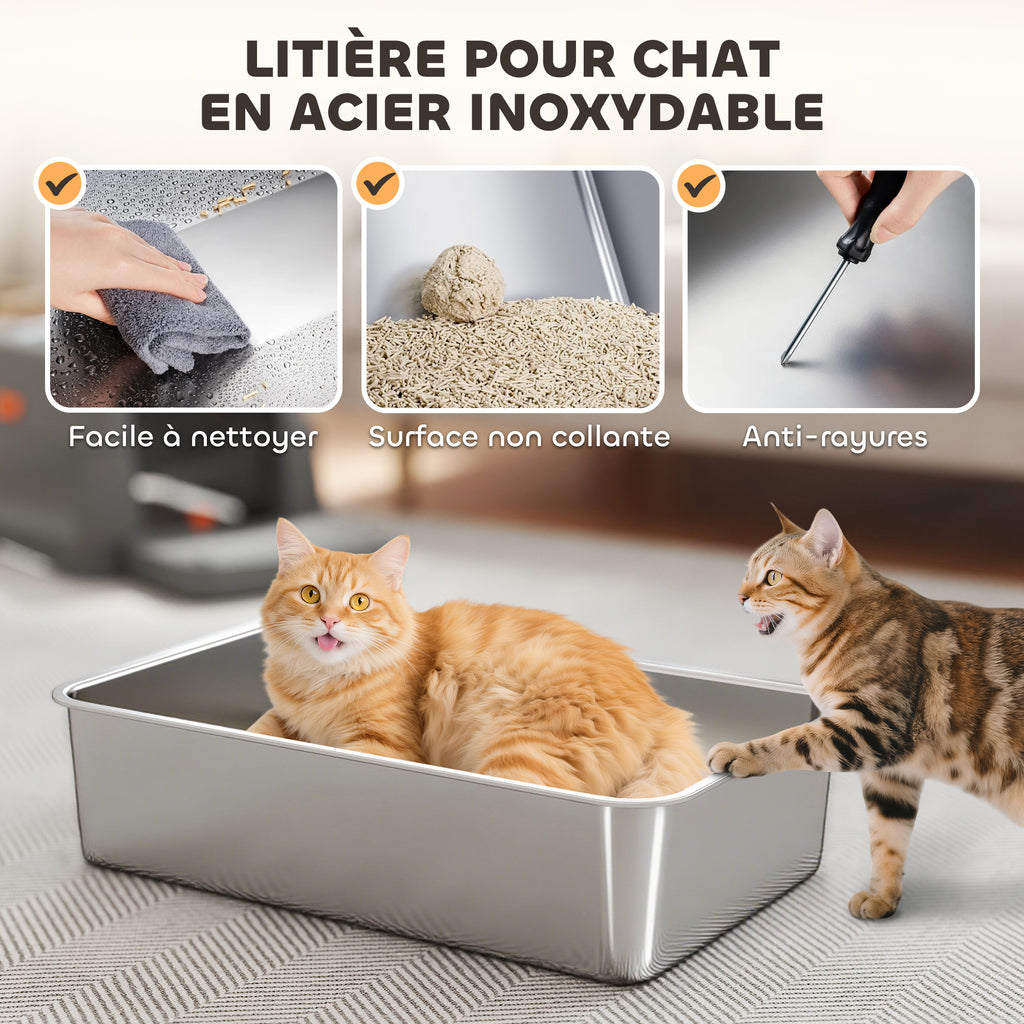 Bac à litière fermé maison de toilette pour chat acier inoxydable couvercle marche anti-dispersion 60x40x38cm gris foncé
