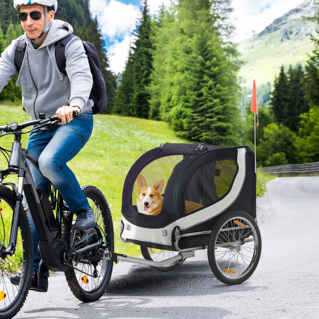 Remorque velo pour chien animaux avec drapeau et 8 reflecteurs blanc et noir