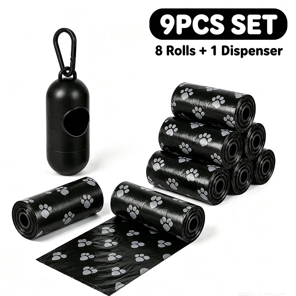 8 rouleaux de sacs à déjections canines avec 1 distributeur, sacs poubelles pour déjections canines, imperméables, robustes, pour voyages en plein air, fournitures de nettoyage pour animaux de compagnie, pour chiots