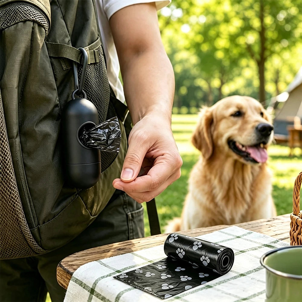8 rouleaux de sacs à déjections canines avec 1 distributeur, sacs poubelles pour déjections canines, imperméables, robustes, pour voyages en plein air, fournitures de nettoyage pour animaux de compagnie, pour chiots