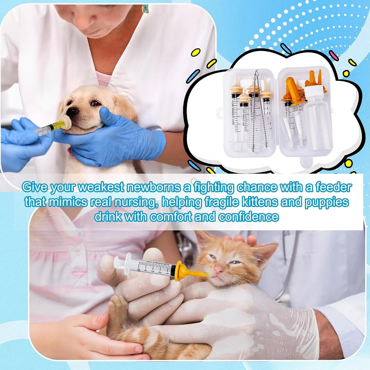 23 ensembles d'alimentation pour animaux de compagnie : contient une bouteille de 50 ml et une seringue, une tétine, un gobelet doseur, une brosse de nettoyage, convient aux chiots et aux chatons.