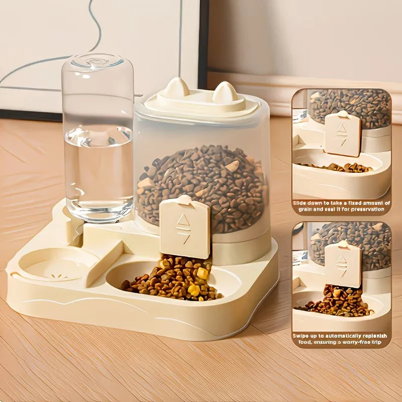 Distributeur d'eau et de nourriture 2 en 1 pour animaux de compagnie, séparation sec-humide, plastique durable, transparent, sans batterie, pour chats et chiens en voyage