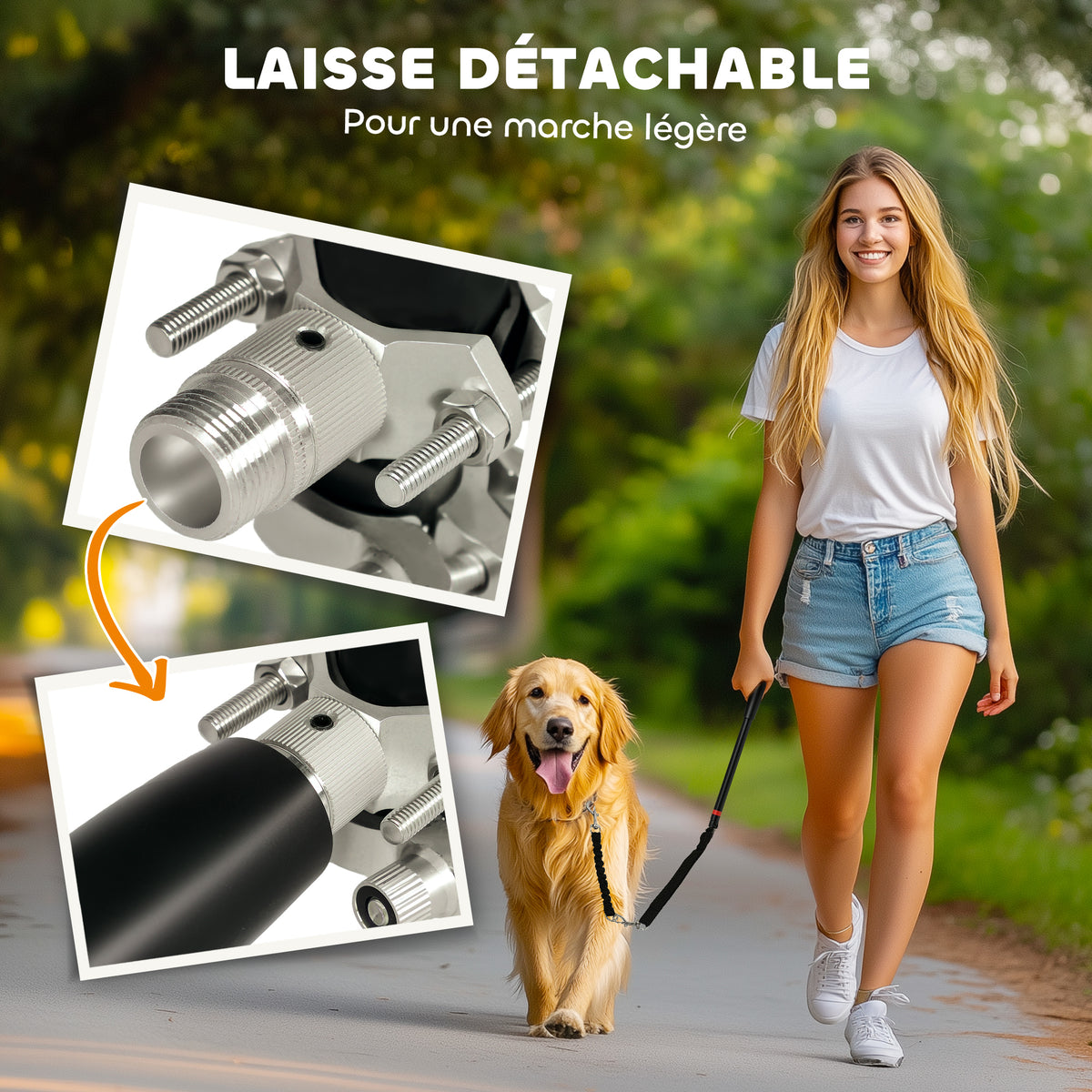 Laisse pour chien pour vélo 124 cm, laisse d'exercice chien, facile à installer et amovible, acier et polyester, noir