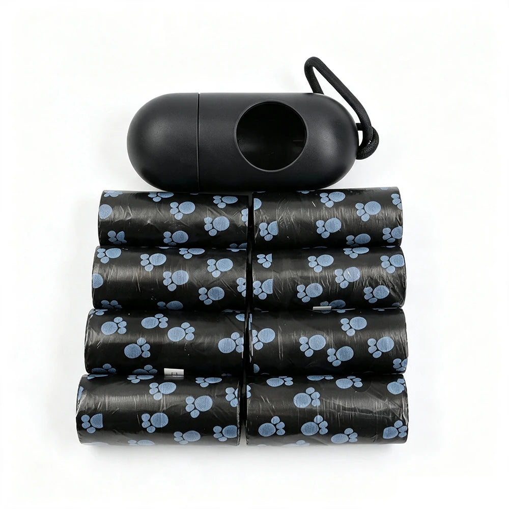 8 rouleaux de sacs à déjections canines avec 1 distributeur, sacs poubelles pour déjections canines, imperméables, robustes, pour voyages en plein air, fournitures de nettoyage pour animaux de compagnie, pour chiots