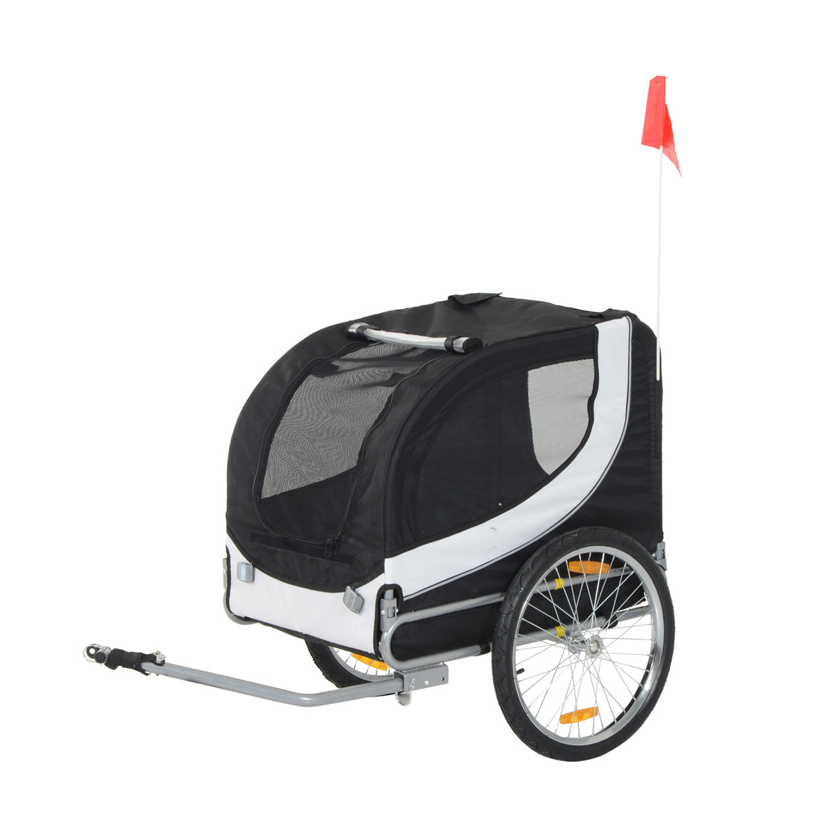 Remorque velo pour chien animaux avec drapeau et 8 reflecteurs blanc et noir