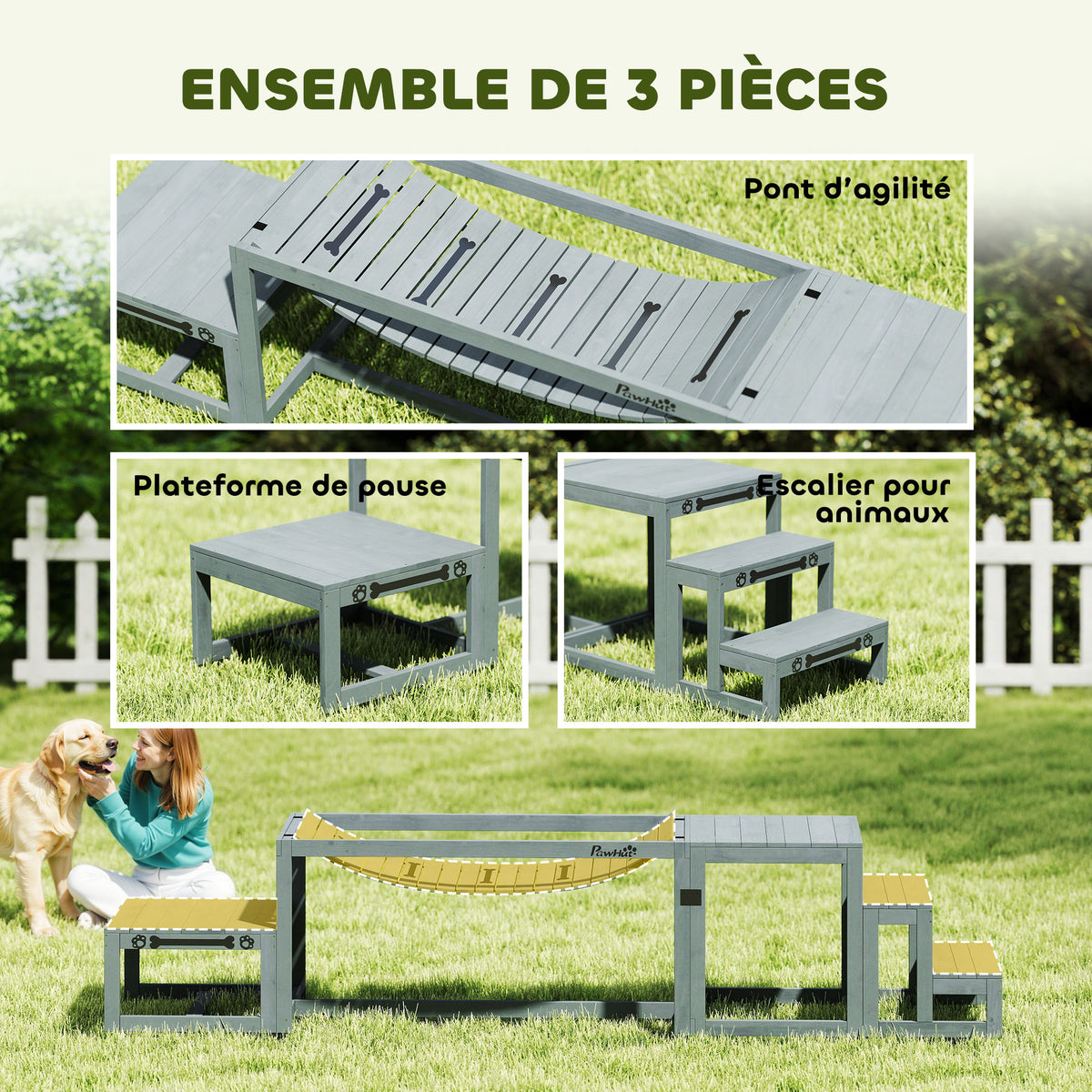 Équipements d'entraînement agilité pour chien kit d'équipement d'agilité pour chien 3 pièces en bois massif gris