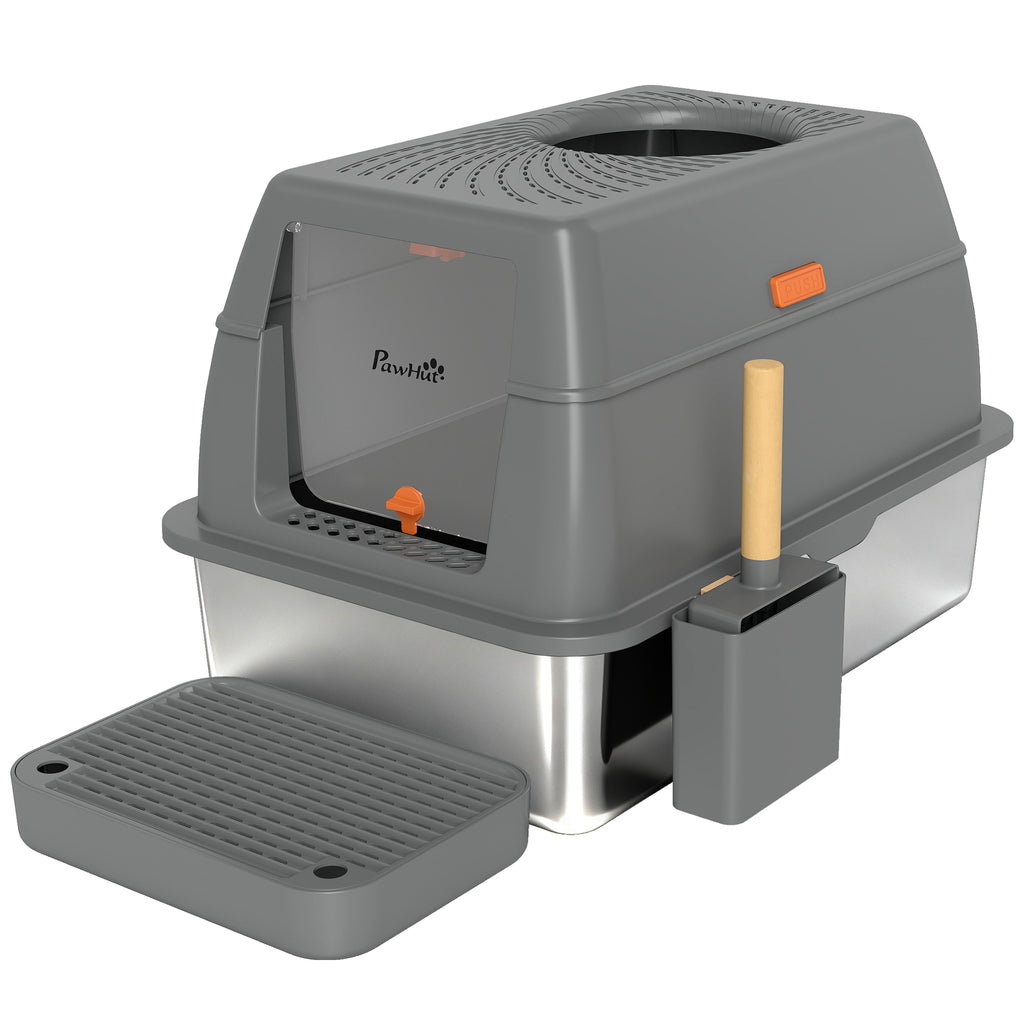 Bac à litière fermé maison de toilette pour chat acier inoxydable couvercle marche anti-dispersion 60x40x38cm gris foncé