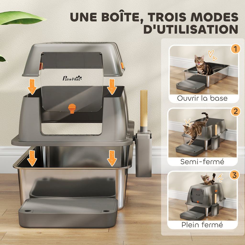 Bac à litière fermé maison de toilette pour chat acier inoxydable couvercle marche anti-dispersion 60x40x38cm gris foncé