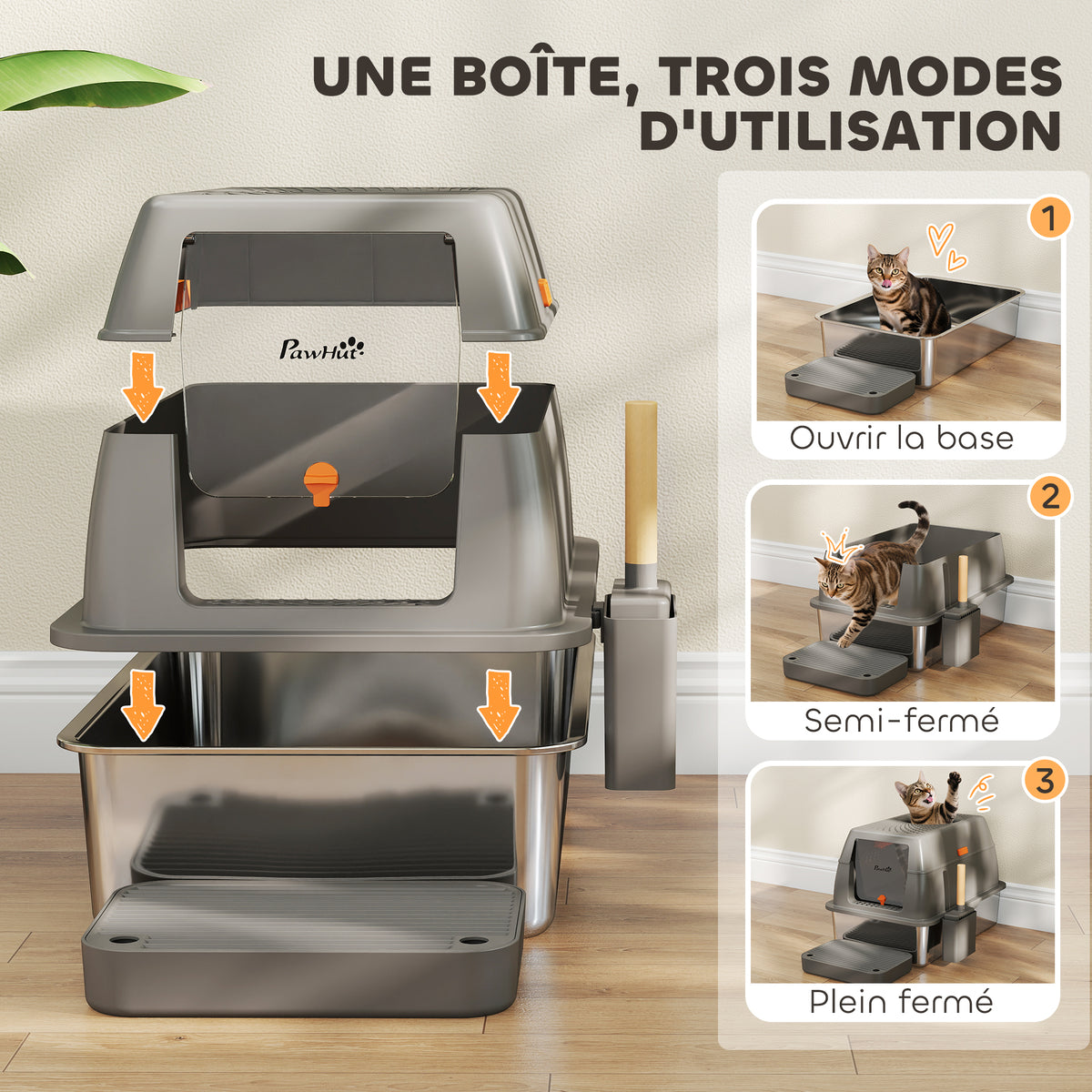 Bac à litière fermé maison de toilette pour chat acier inoxydable couvercle marche anti-dispersion 60x40x38cm gris foncé