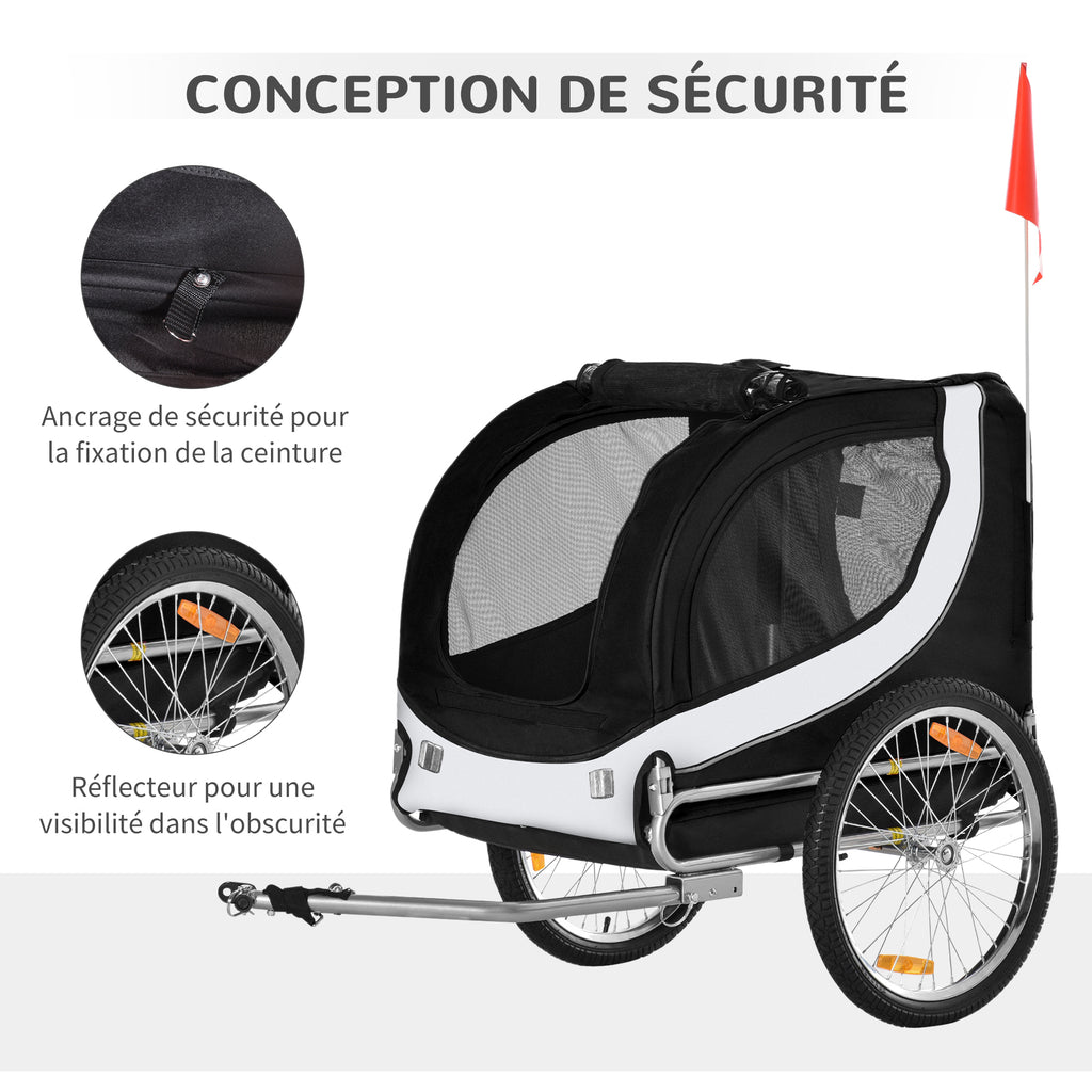 Remorque velo pour chien animaux avec drapeau et 8 reflecteurs blanc et noir