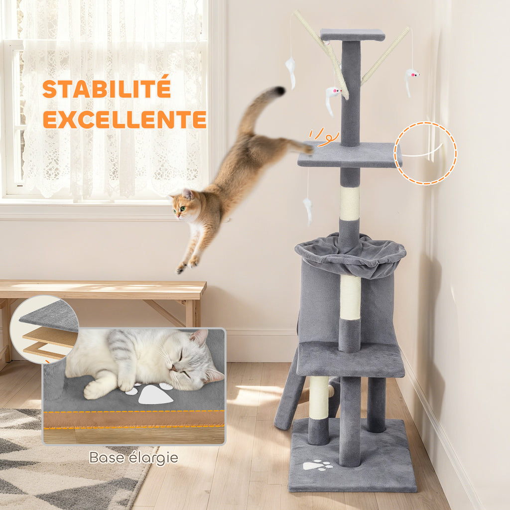 Arbre à Chat Tour de Jeux pour Chats Stable Multi-Niveaux avec Niche 3 Plate-Formes Hamac 60x35x134cm Gris
