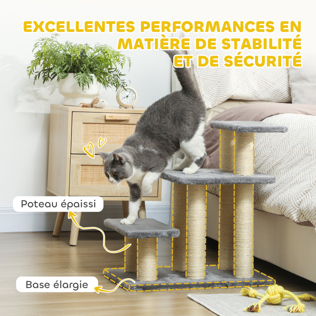 Escalier pour animaux domestiques réglable 3 marches échelle pour chat chien griffoirs en sisal balle 52x34,5x54cm gris