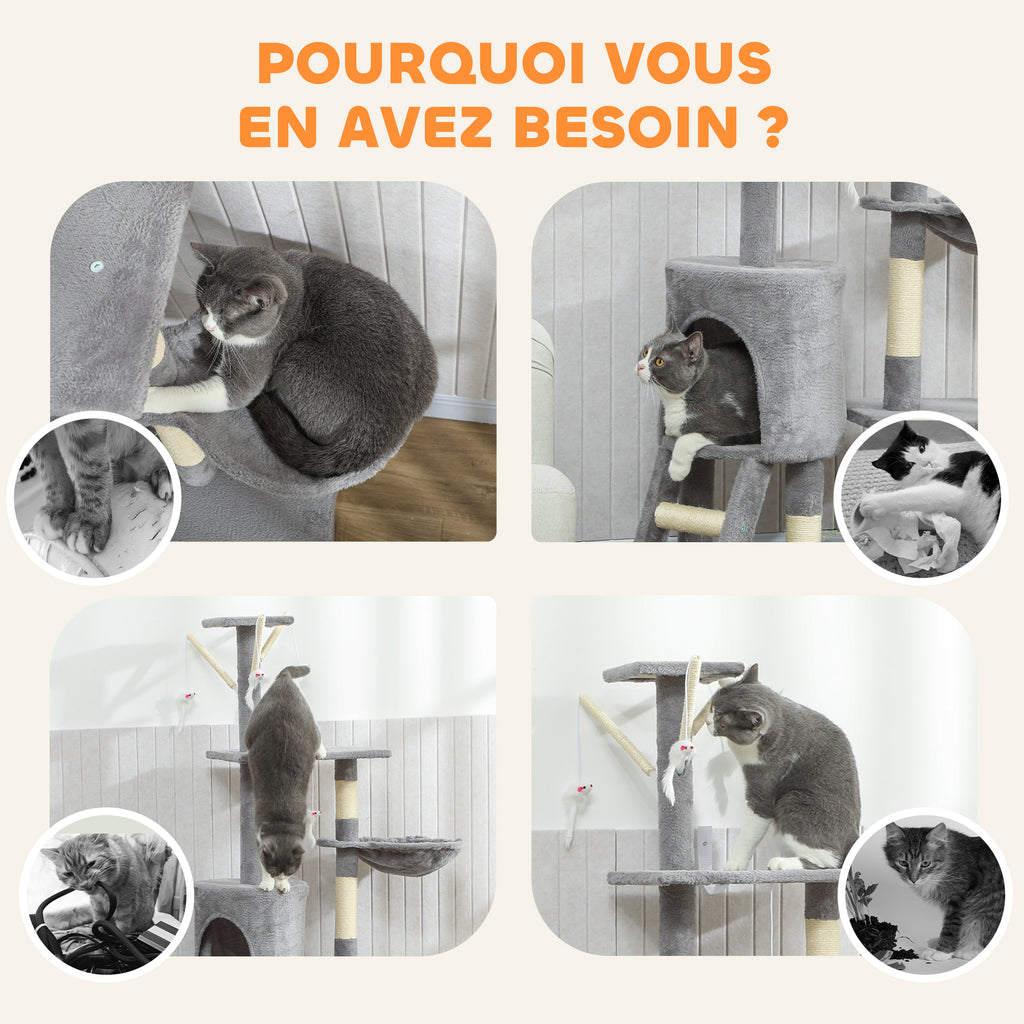 Arbre à Chat Tour de Jeux pour Chats Stable Multi-Niveaux avec Niche 3 Plate-Formes Hamac 60x35x134cm Gris