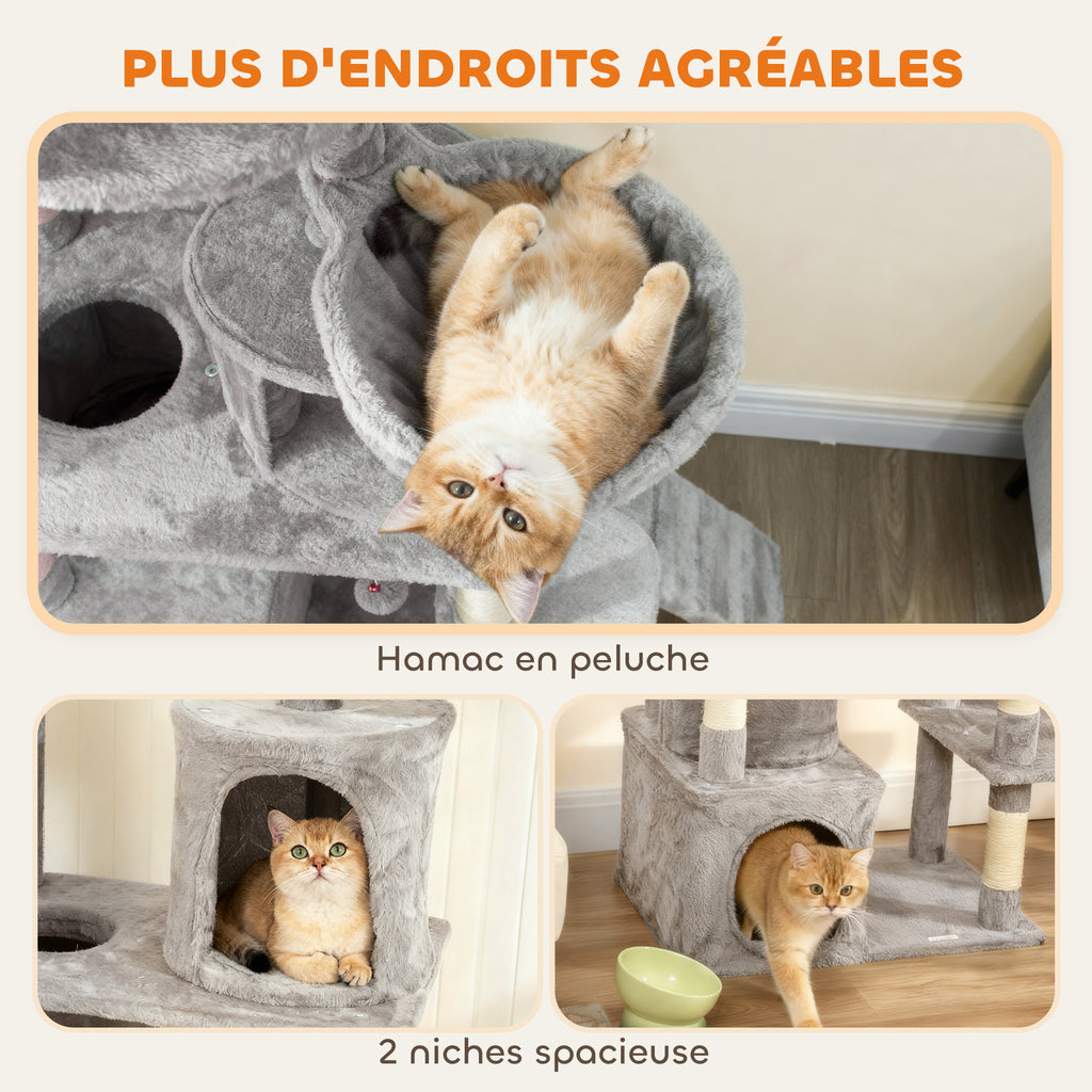 Arbre à chat tour de jeux 7 poteaux à griffer 3 platesformes 2 niches tunnel hamac et 2 pompons 170 cm gris foncé