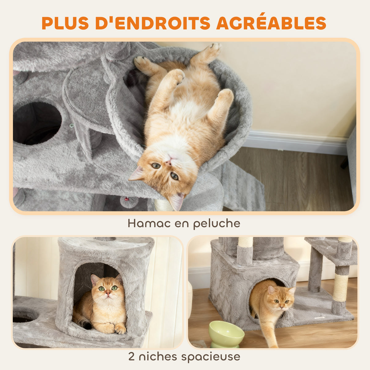 Arbre à chat tour de jeux 7 poteaux à griffer 3 platesformes 2 niches tunnel hamac et 2 pompons 170 cm gris foncé