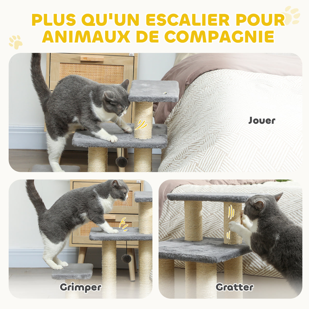 Escalier pour animaux domestiques réglable 3 marches échelle pour chat chien griffoirs en sisal balle 52x34,5x54cm gris