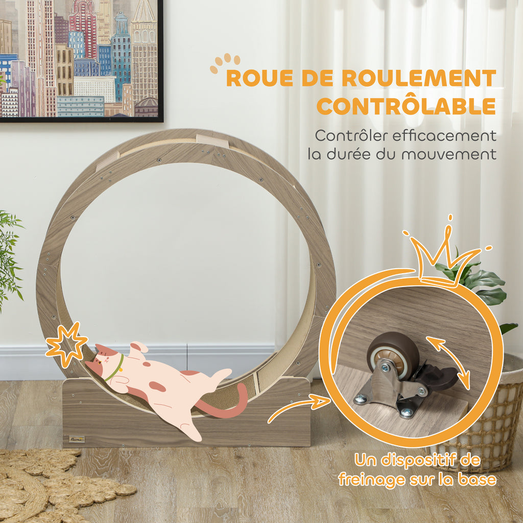 Roue d'exercice pour chat roue de course pour chat frein sécurisé et tapis de grattage amovible silencieux 91 cm marron