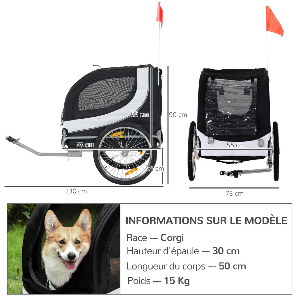 Remorque velo pour chien animaux avec drapeau et 8 reflecteurs blanc et noir