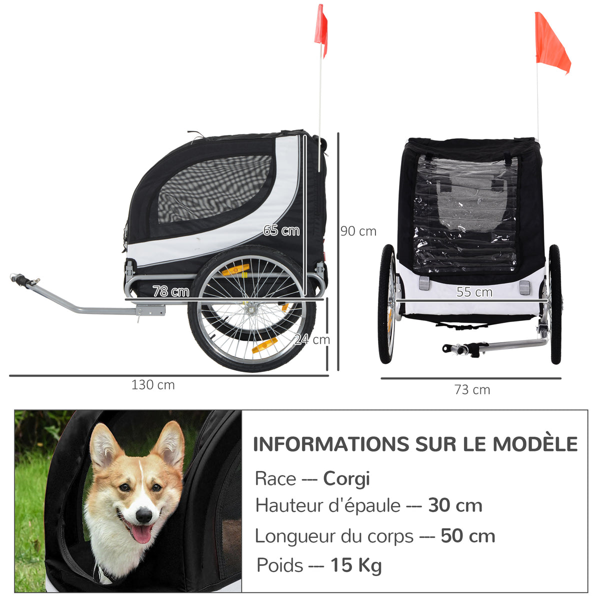 Remorque velo pour chien animaux avec drapeau et 8 reflecteurs blanc et noir